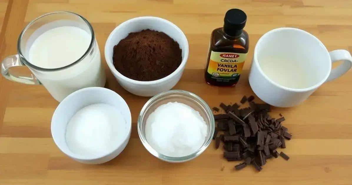 Ingredientes da bebida de cacau quente