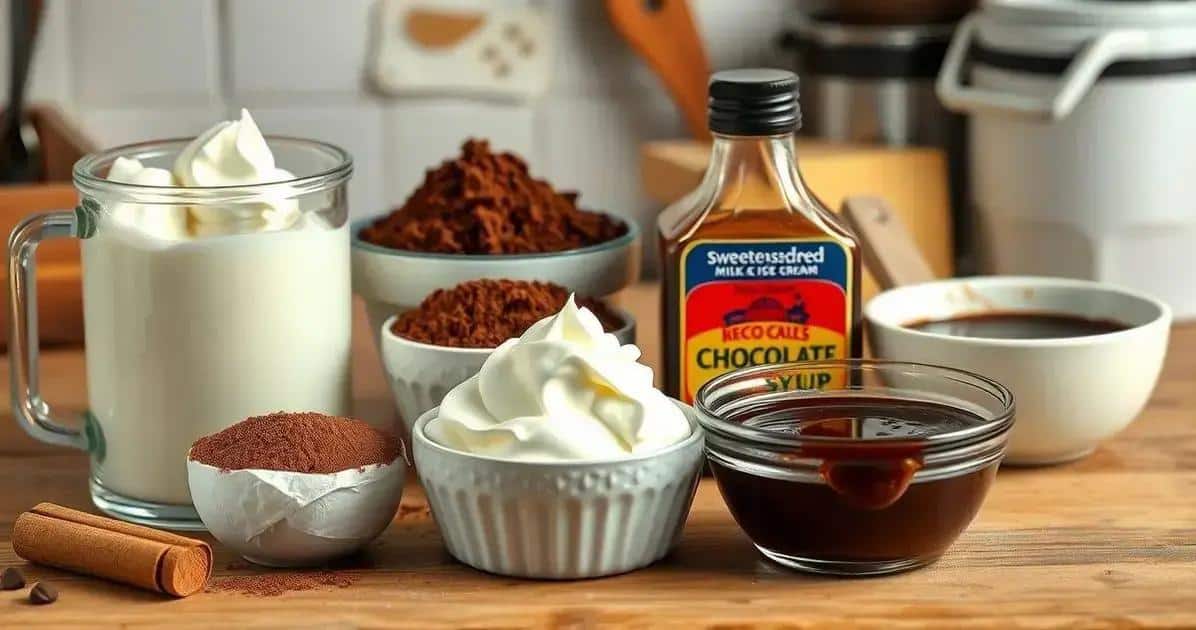Ingredientes da receita de chocolate gelado com chantilly e calda