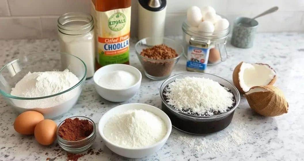 Ingredientes do Bolo de Chocolate com Recheio de Coco Queimado