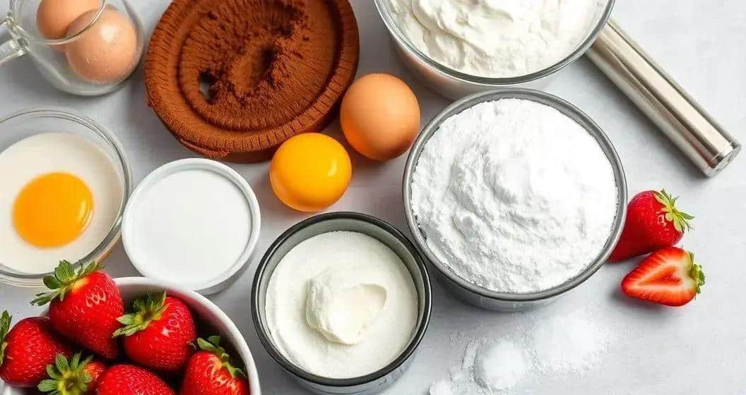 Ingredientes do Bolo de Chocolate com Recheio de Creme de Avelã e Morango