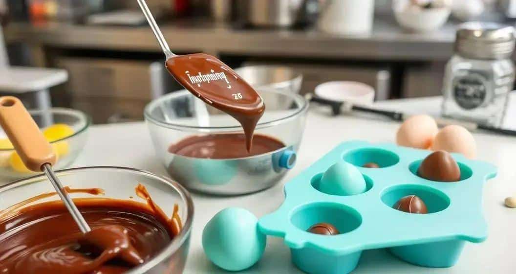 Preparando o chocolate para moldar os ovos Preparando o chocolate para moldar os ovos