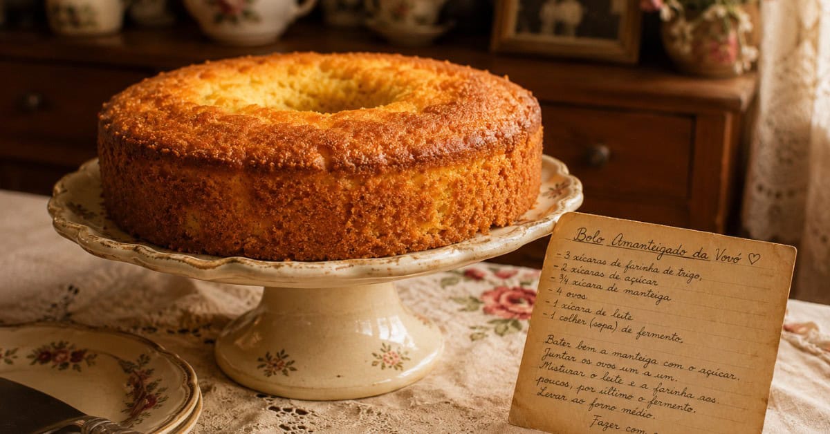 🧈 Bolo Amanteigado da Vovó — Aquele Que o Coração Nunca Esquece 5 Bolo amanteigado sobre boleira de cerâmica antiga ao lado de ficha de receita manuscrita em cozinha com visual retrô