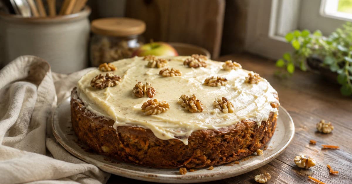 Bolo de Nozes com Cenoura e Maça - Esse bolo não devia ser tão bom assim... mas é. 9 Bolo de nozes com cenoura e maçã coberto com cream cheese e nozes inteiras sobre mesa de madeira rústica