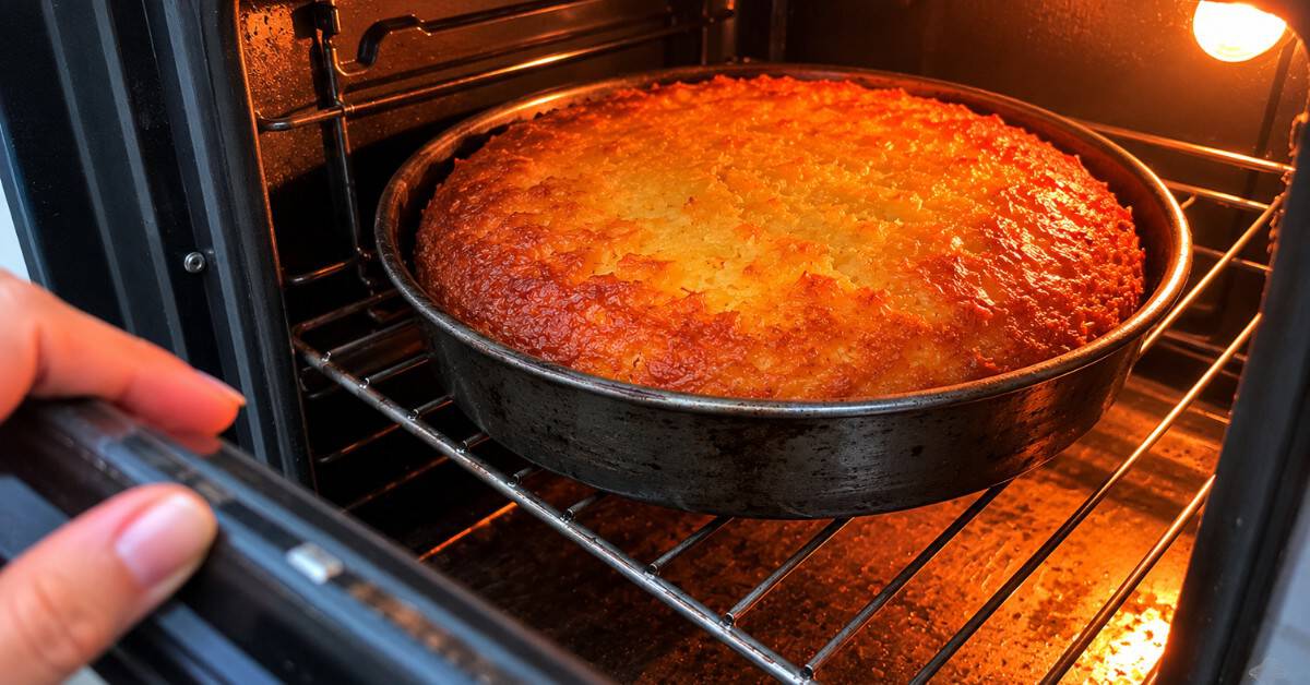 Nunca mais Faça Bolo de Mandioca seco: A Técnica que Muda tudo! 4 Bolo de mandioca dourado dentro do forno com cobertura brilhosa e mão segurando a porta semi-aberta para verificar o ponto