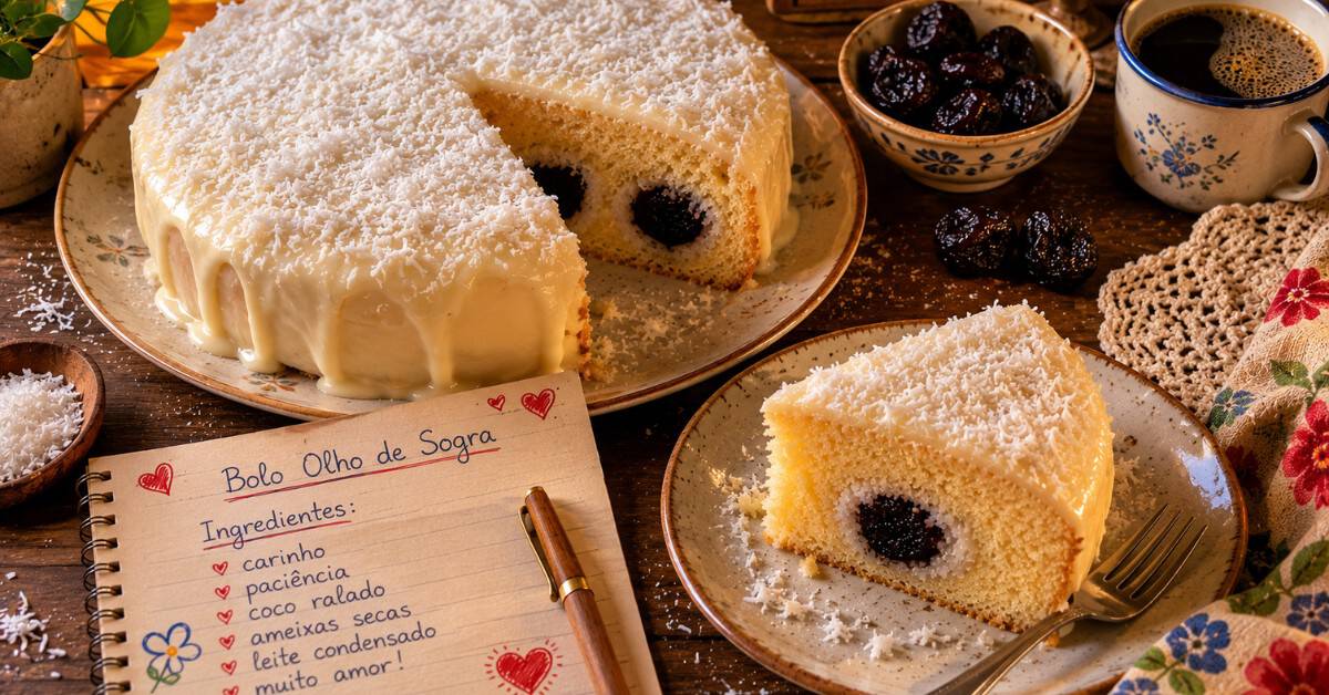 Bolo Olho de Sogra: O Genro vai te Amar — ou será que vai Amar mais o Bolo? 5 Bolo Olho de Sogra inteiro sobre mesa rústica escura ao lado de ficha de receita manuscrita, ameixas pretas e xícara de café desfocada