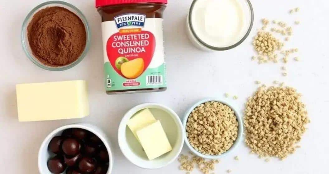 Ingredientes para o brigadeiro de chocolate com quinoa crocante Ingredientes para o brigadeiro de chocolate com quinoa crocante