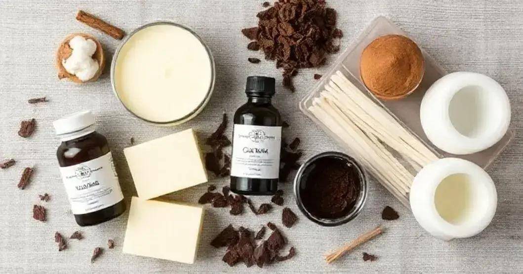 Ingredientes para velas aromáticas com raspas de chocolate Ingredientes para velas aromáticas com raspas de chocolate