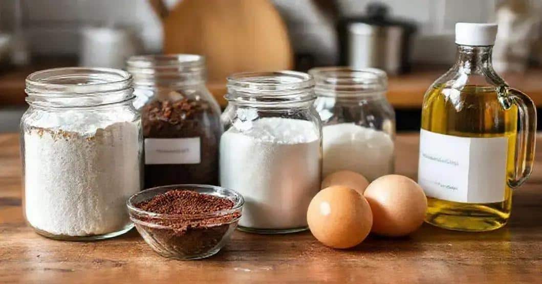 Ingredientes para o mini bolo de chocolate no pote Ingredientes para o mini bolo de chocolate no pote