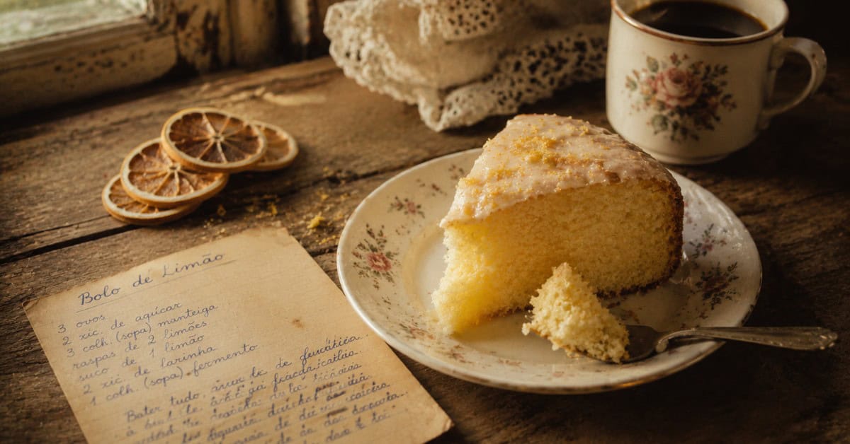 O Bolo de Limão Mais Fofinho que Você Já Fez — Sem Segredo 5 Fatia de bolo de limão úmido em prato de porcelana floral ao lado de xícara de café e cartão de receita manuscrito sobre mesa de madeira antiga com luz dourada