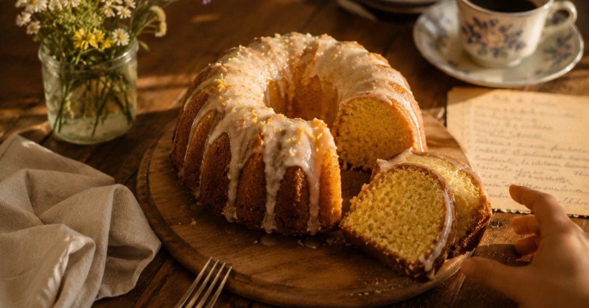 O Bolo de Limão Mais Fofinho que Você Já Fez — Sem Segredo 6 Bolo de limão fofinho fatiado sobre tábua de madeira com duas fatias servidas ao lado, cobertura de cream cheese derretida, flores e guardanapo de linho na mesa