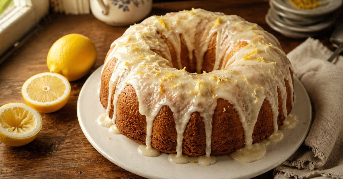 O Bolo de Limão Mais Fofinho que Você Já Fez — Sem Segredo 1 Bolo de limão fofinho com cobertura de cream cheese escorrendo pelas laterais, decorado com raspas de limão, servido em prato branco sobre mesa de madeira