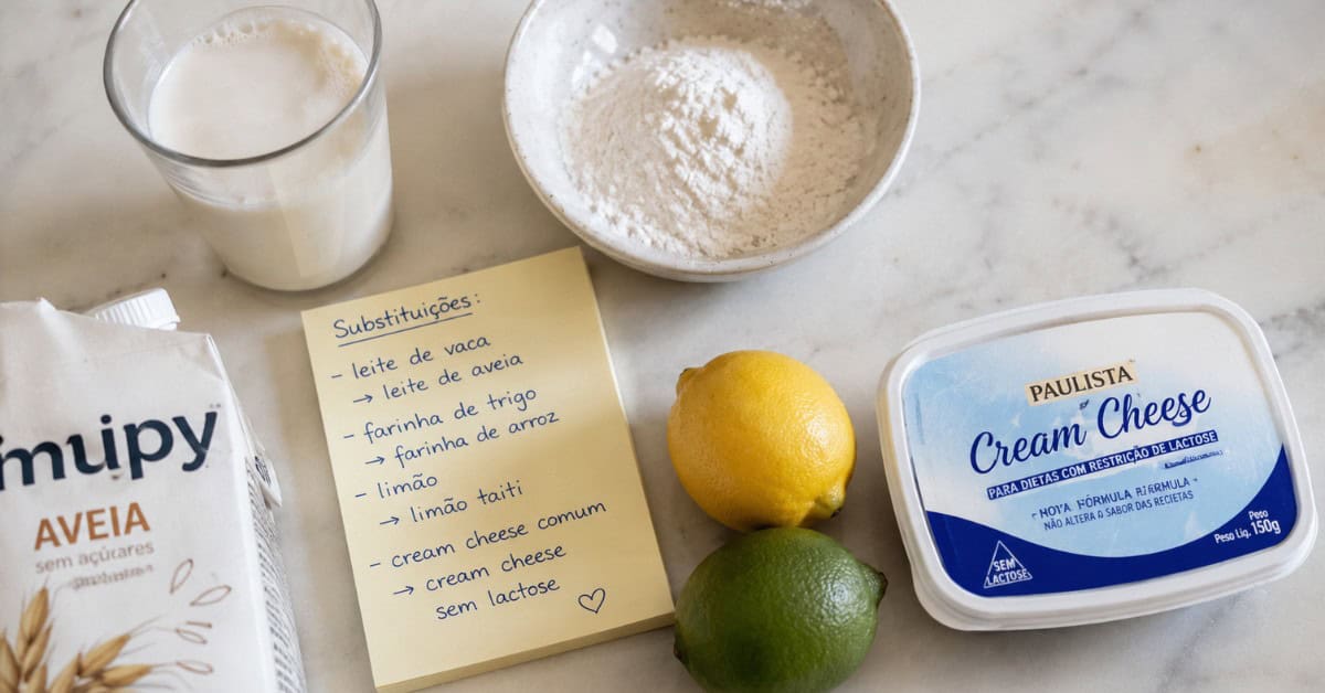 O Bolo de Limão Mais Fofinho que Você Já Fez — Sem Segredo 3 Ingredientes alternativos para bolo de limão dispostos sobre superfície de mármore: leite de aveia, farinha de arroz, limão siciliano e cream cheese sem lactose