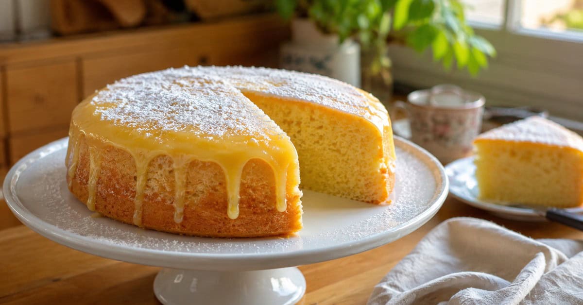 Bolo de Maisena: A Receita Clássica que a Vovó Fazia! 10 Bolo de maisena inteiro em um suporte branco com glacê de limão escorrendo pelas laterais e uma fatia cortada mostrando o interior fofinho