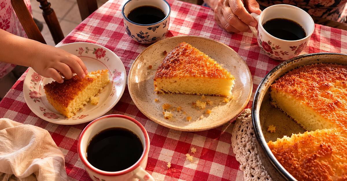 Mesa familiar com fatias de bolo de mandioca em pratos, xícaras de café e mão de criança alcançando uma fatia sobre toalha xadrez vermelha