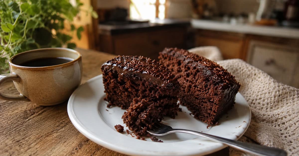 Bolo Nega Maluca sem açúcar: úmido, intenso de chocolate e pronto em menos de 40 minutos 6 Duas fatias de Bolo Nega Maluca sem açúcar em prato branco ao lado de xícara de café preto, com garfo e mordida aparente, luz natural suave de cozinha aconchegante