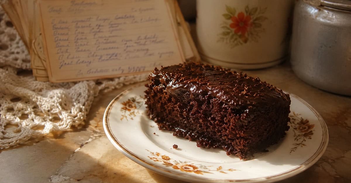 Bolo Nega Maluca sem açúcar: úmido, intenso de chocolate e pronto em menos de 40 minutos 5 Fatia de bolo de chocolate úmido em prato de cerâmica vintage com ficha de receita manuscrita desfocada ao fundo, luz de tarde quente e estética retrô dos anos 80