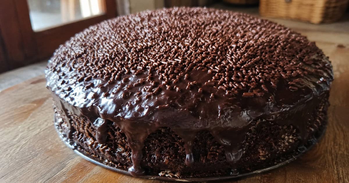 Bolo Nega Maluca sem açúcar: úmido, intenso de chocolate e pronto em menos de 40 minutos 1 Bolo Nega Maluca sem açúcar inteiro com cobertura de ganache de chocolate e granulado, sobre mesa de madeira rústica com luz natural