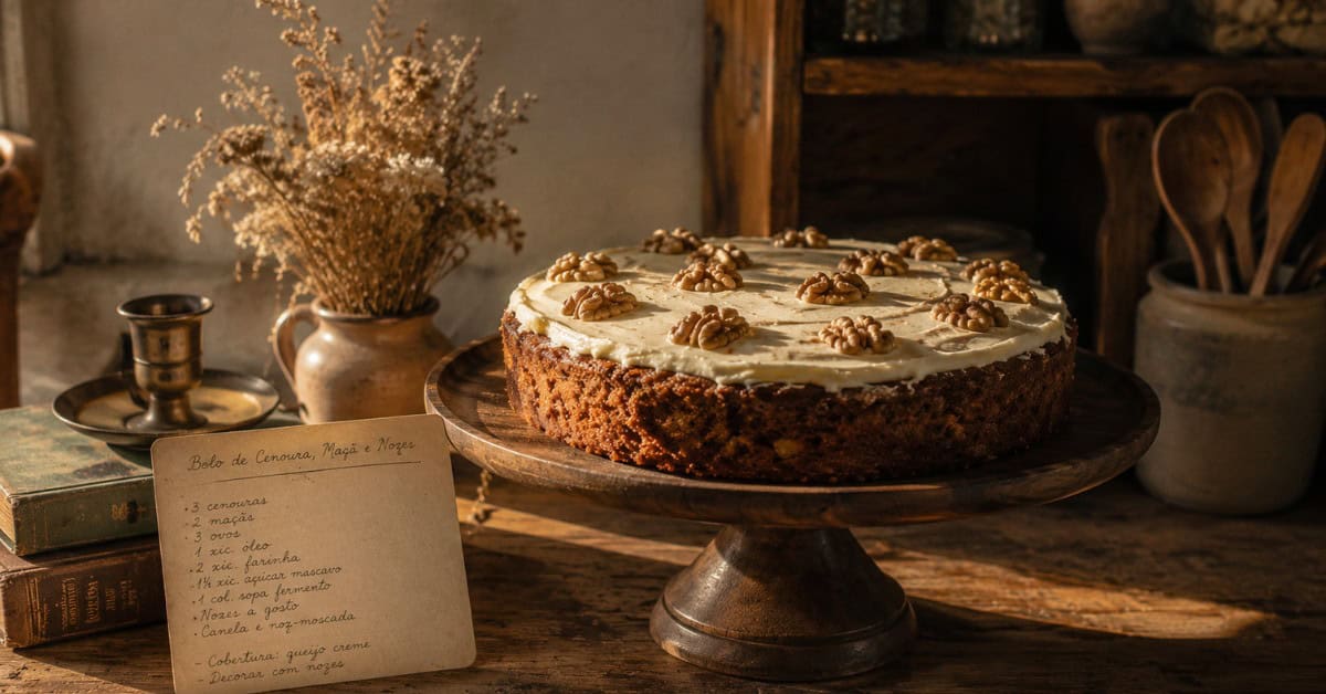 Bolo de nozes com cenoura e maçã inteiro em boleira antiga com cartão de receita manuscrito ao lado