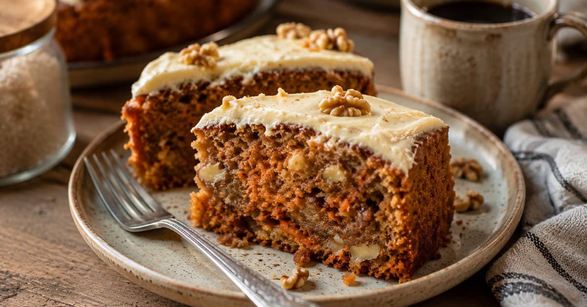 Fatia de bolo de nozes com cenoura e maçã no prato mostrando miolo úmido com pedaços de nozes visíveis