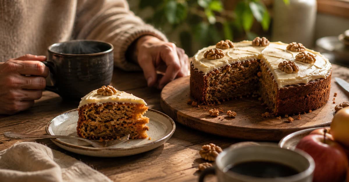Fatia de bolo de nozes com cenoura e maçã sendo servida em prato com garfo e café ao fundo em mesa familiar