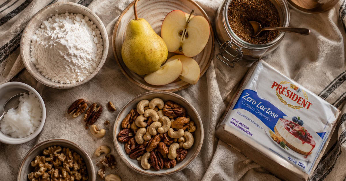 Ingredientes alternativos para bolo de nozes com cenoura e maçã: farinha de arroz, nozes variadas, maçã e pera sobre pano de linho