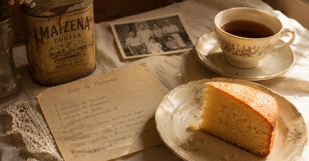 Bolo de Maisena: A Receita Clássica que a Vovó Fazia! 5 Receita manuscrita antiga de bolo de maisena ao lado de lata vintage de amido de milho, fatia do bolo em prato de cerâmica e xícara de chá sobre toalha de linho com luz dourada