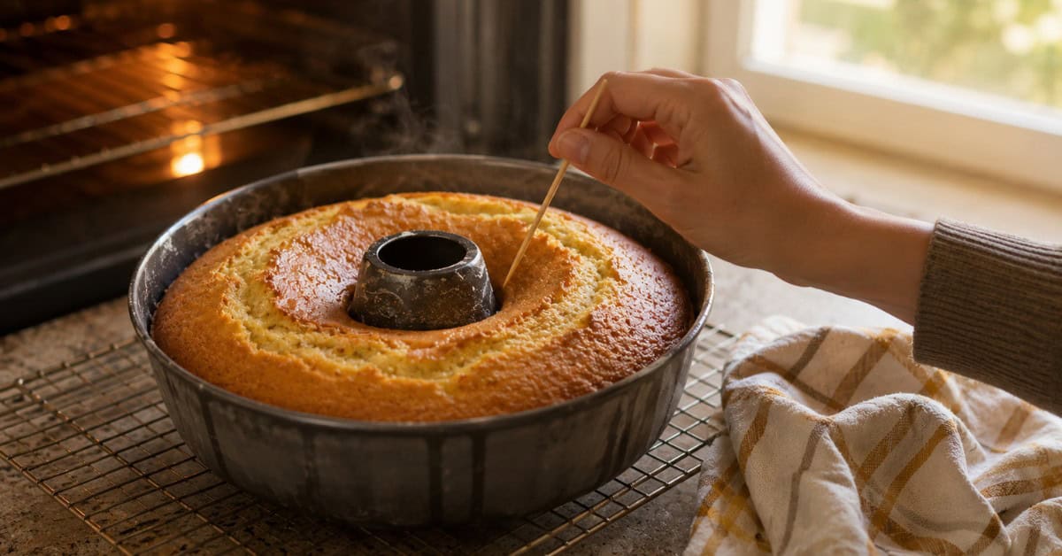 Bolo de Maisena: A Receita Clássica que a Vovó Fazia! 4 Mão fazendo o teste do palito em bolo de maisena recém assado ainda na forma sobre grade de resfriamento com vapor saindo