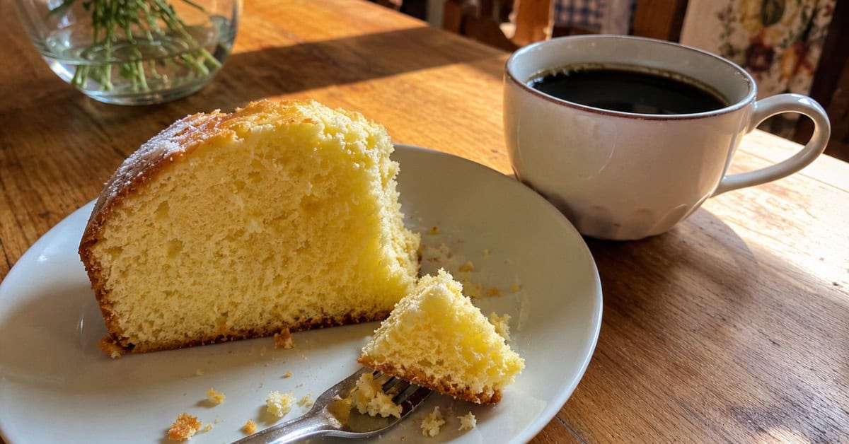 Bolo de Maisena: A Receita Clássica que a Vovó Fazia! 6 Fatia de bolo de maisena em prato branco com garfo e mordida já dada ao lado de xícara de café preto sobre mesa de madeira com luz natural