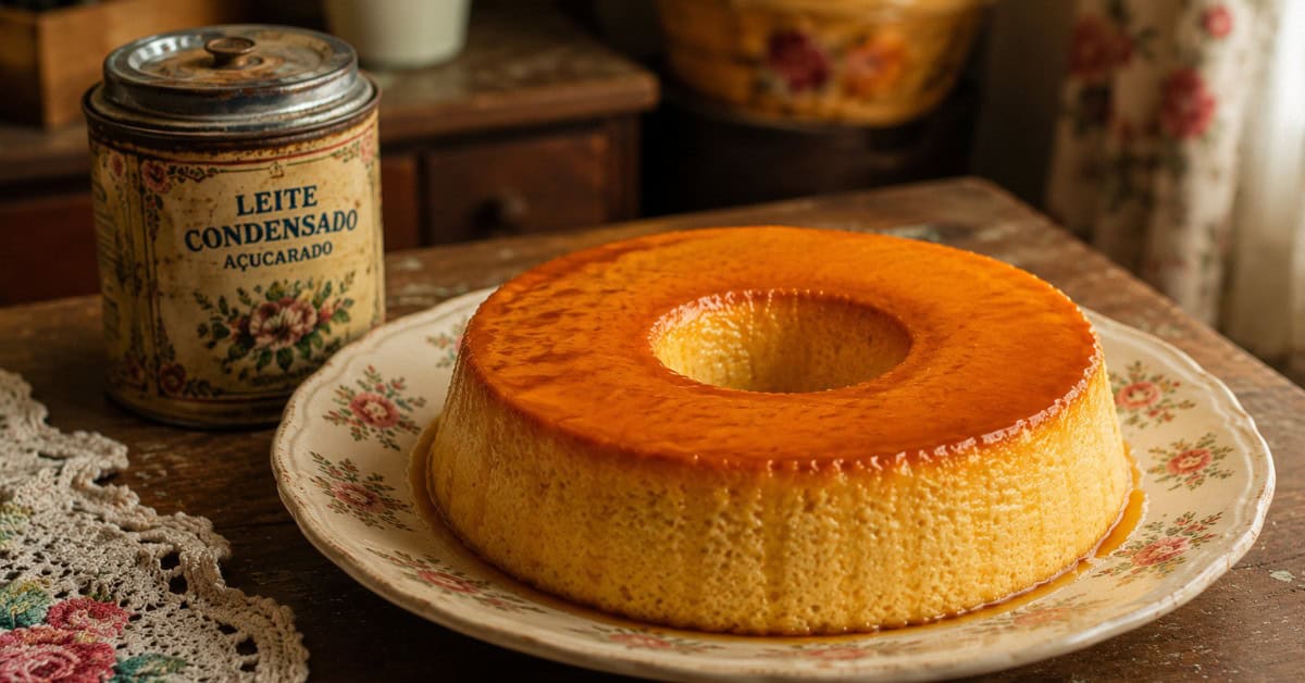 Pudim de Leite Furadinho! Este Ninguém Faz! 5
Pudim de leite furadinho em prato de louça floral sobre mesa de madeira antiga com lata de leite condensado ao lado em ambiente de cozinha retrô