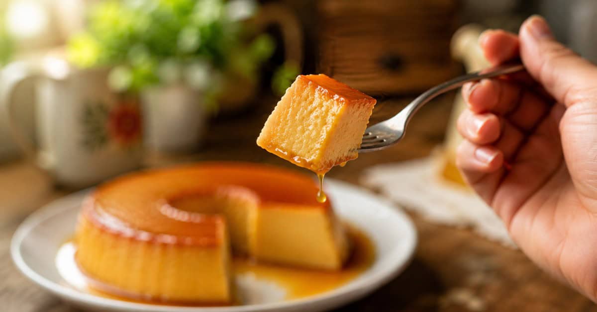 Pudim de Leite Furadinho! Este Ninguém Faz! 6 Mão segurando garfo com pedaço de pudim de leite furadinho, calda de caramelo escorrendo, fundo desfocado com o restante do pudim no prato