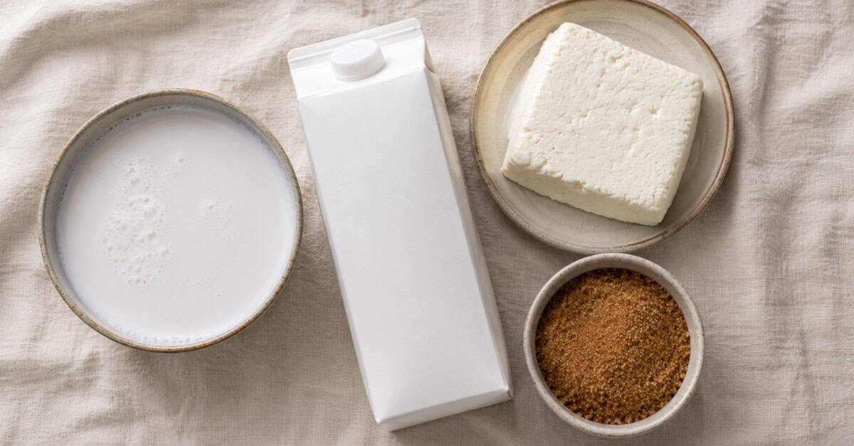 Pudim de Leite Furadinho! Este Ninguém Faz! 3 Vista de cima com potinhos e ingredientes variados sobre pano de linho: leite de coco, leite sem lactose, queijo coalho e açúcar mascavo