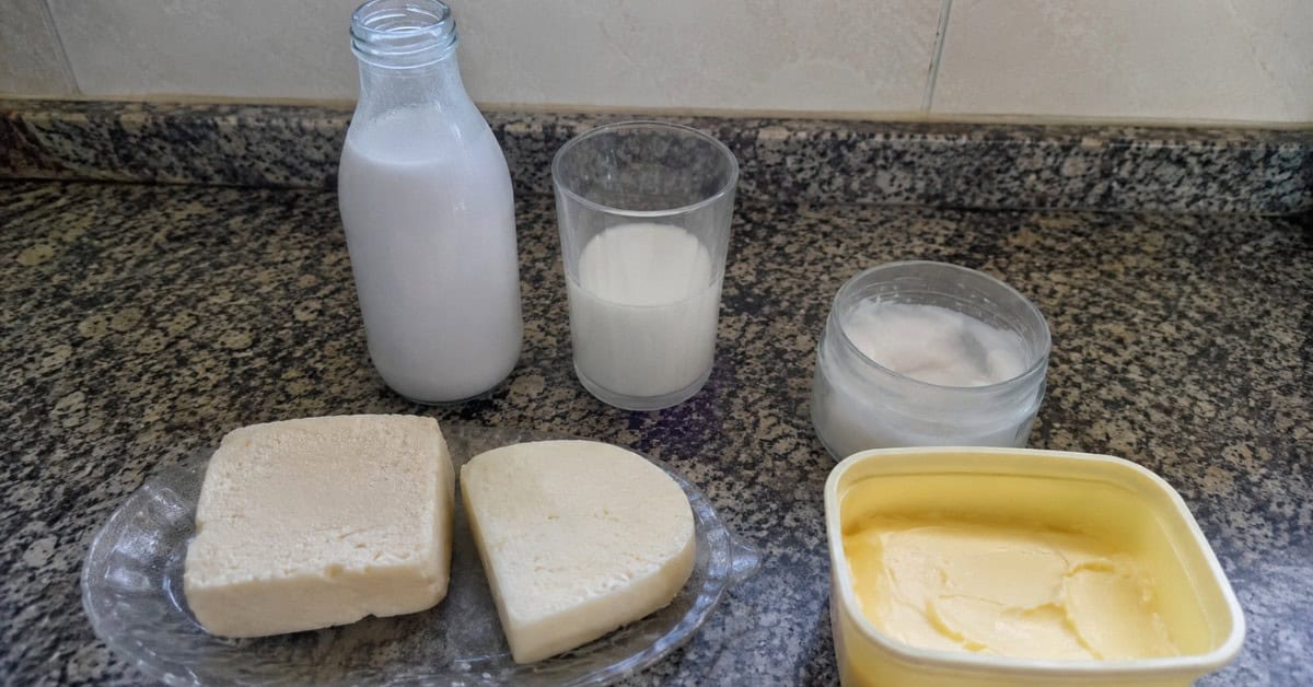 Ingredientes substitutos para bolo de mandioca lado a lado sobre bancada: leite de coco, leite comum, queijo coalho e queijo minas