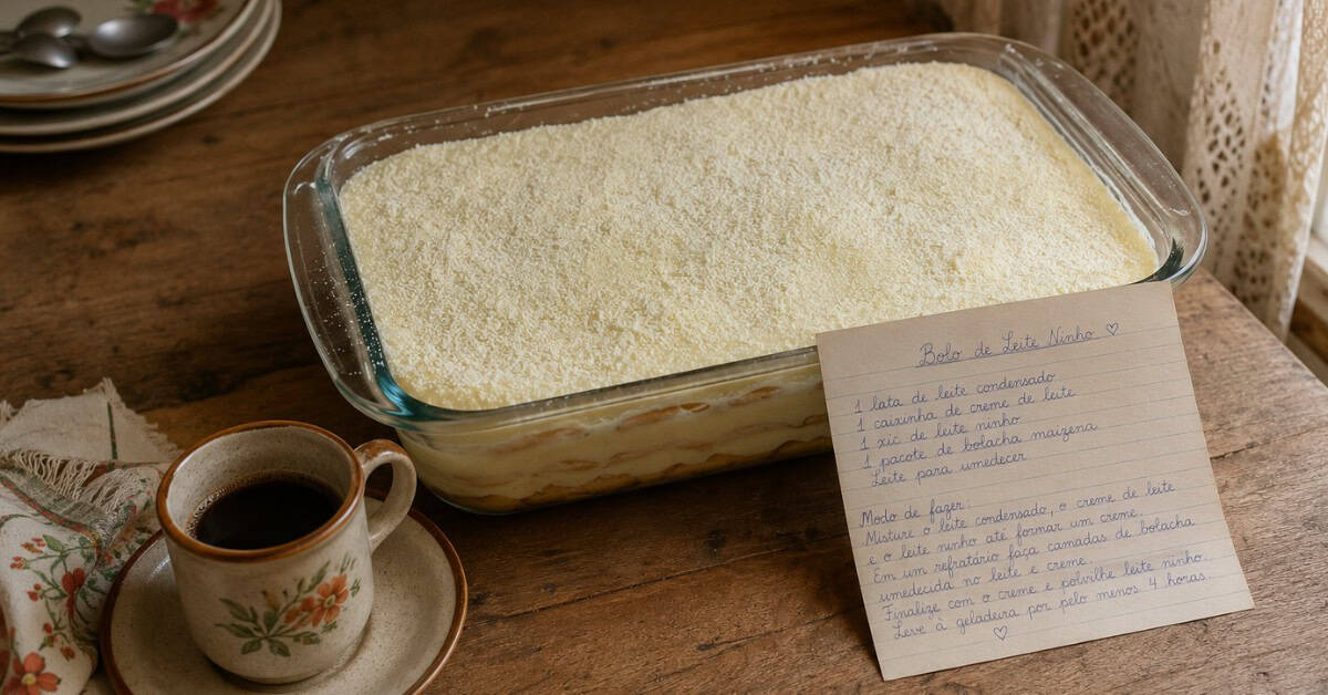 Torta Alemã de Leite Ninho 5 Torta alemã de leite ninho inteira em refratário sobre mesa rústica com receita manuscrita e xícara de café ao lado