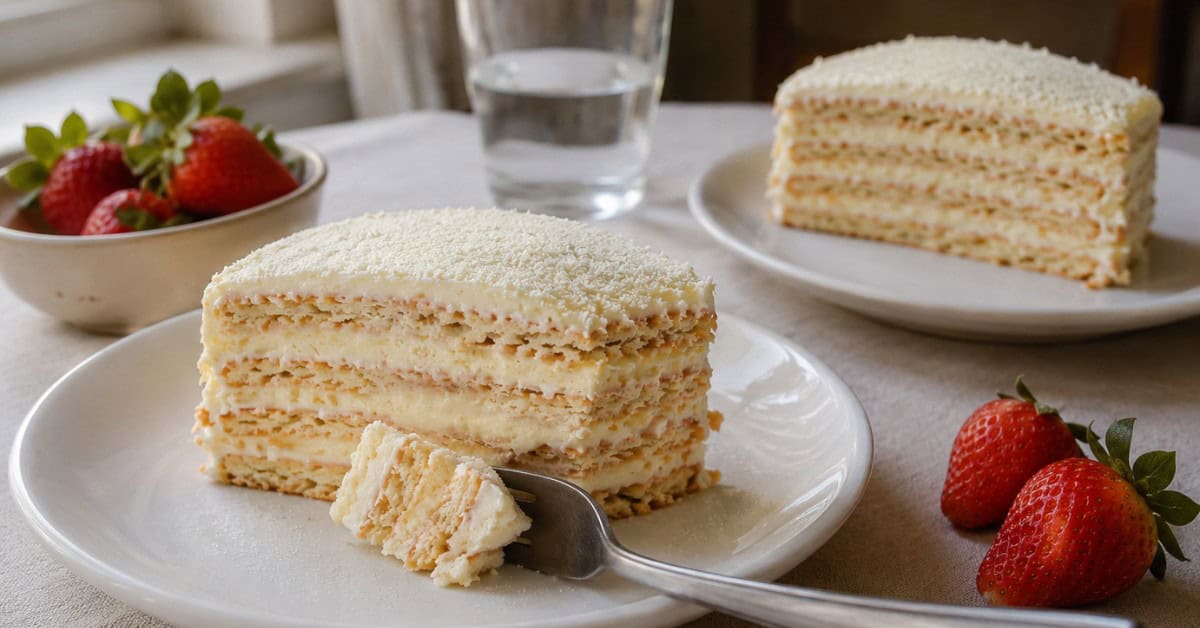 Torta Alemã de Leite Ninho 6 Duas fatias de torta alemã de leite ninho servidas em pratos brancos com morangos frescos e luz natural