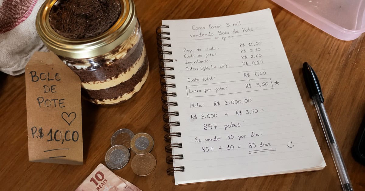 Negócio Lucrativo - Como Vender bolo de pote e fazer 3 mil 2 Etiqueta de preço artesanal encostada em pote de bolo ao lado de caderno com cálculos e cédulas de real
