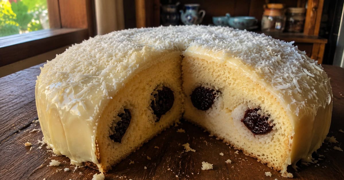 Bolo Olho de Sogra inteiro coberto com ganache branca e coco ralado sobre mesa de madeira rústica