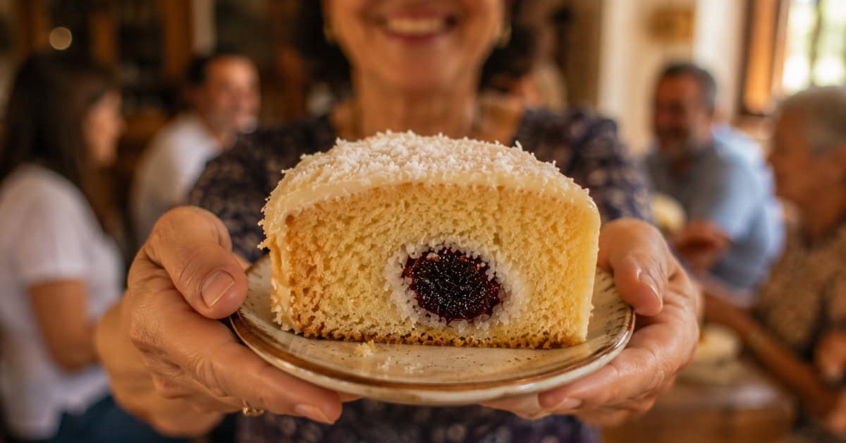 Mãos segurando fatia de Bolo Olho de Sogra em prato rústico com reunião familiar desfocada ao fundo
