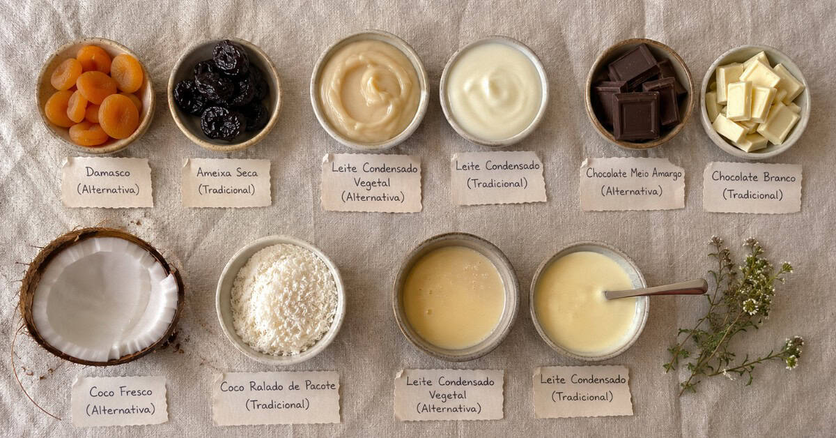 Flat lay com ingredientes alternativos para o Bolo Olho de Sogra: damasco, leite condensado vegetal, chocolate meio amargo e coco fresco sobre linho claro