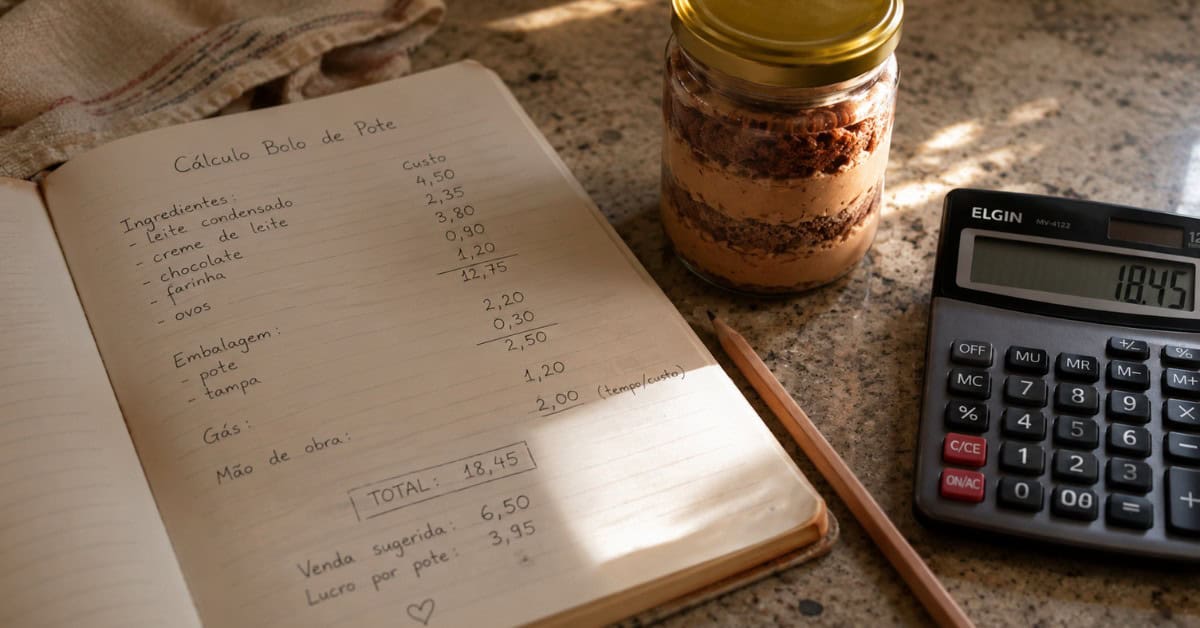 Negócio Lucrativo - Como Vender bolo de pote e fazer 3 mil 3 Caderno com planilha de custos manuscrita ao lado de pote de bolo de pote e calculadora sobre bancada de cozinha