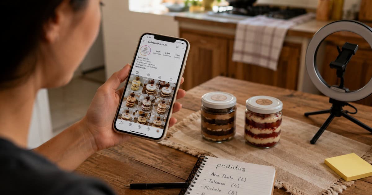 Negócio Lucrativo - Como Vender bolo de pote e fazer 3 mil 5 Mãos segurando celular com feed do Instagram de bolos de pote sobre mesa com dois potes e caderno de pedidos