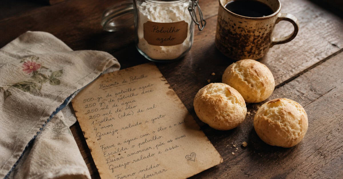 Ficha de receita manuscrita antiga sobre mesa rústica ao lado de biscoitos de polvilho e xícara de café, estilo cozinha mineira