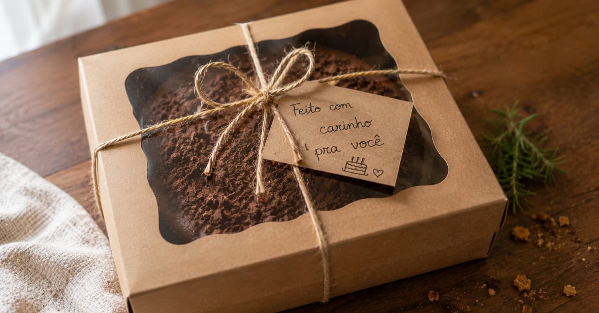 Como Fazer 5 Mil Reais Vendendo Bolo: O Guia Honesto para Transformar Sua Cozinha em Negócio 6 Caixa kraft com bolo caseiro embrulhado com barbante e bilhete escrito à mão com mensagem de carinho sobre mesa de madeira iluminada por luz natural