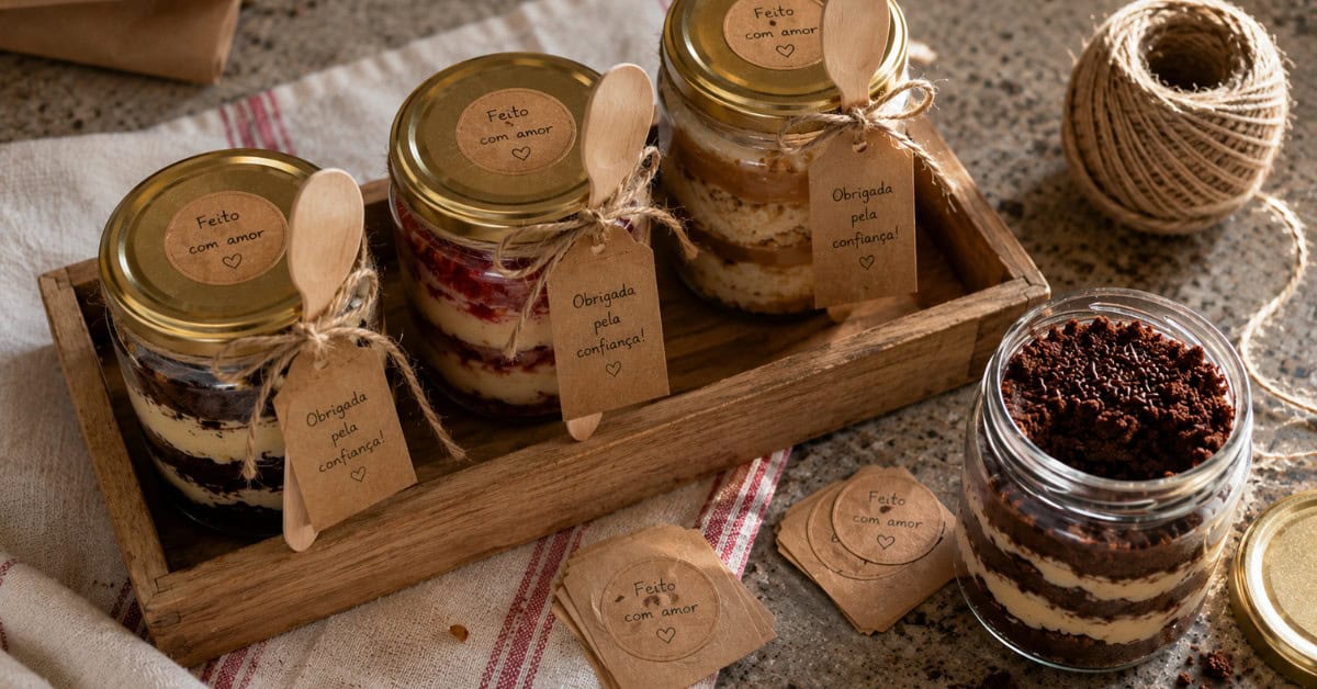 Negócio Lucrativo - Como Vender bolo de pote e fazer 3 mil 6 Bandeja de madeira com três potes de bolo decorados com etiqueta kraft, colher de madeira e lacre personalizado prontos para entrega