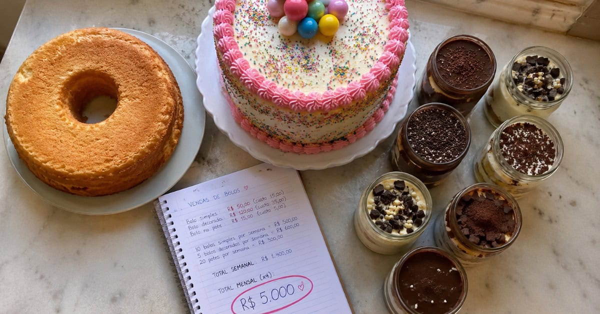 Como Fazer 5 Mil Reais Vendendo Bolo: O Guia Honesto para Transformar Sua Cozinha em Negócio 2 Três tipos de bolo caseiro sobre bancada de mármore com caderno de cálculos e a meta de R$ 5.000 circulada à mão