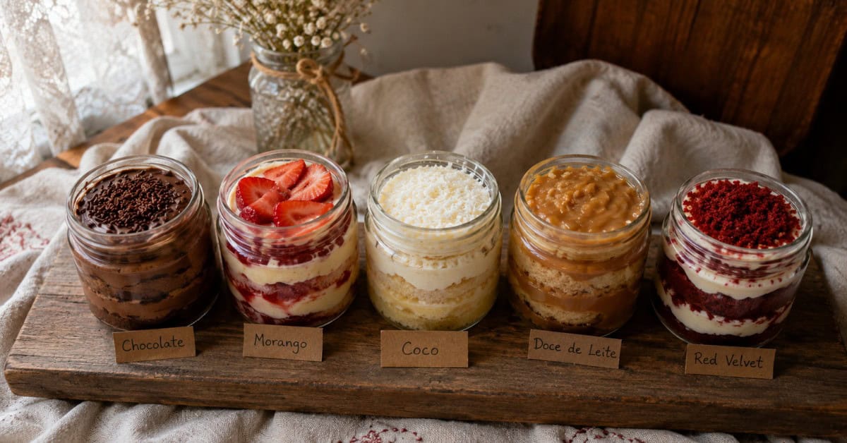 Negócio Lucrativo - Como Vender bolo de pote e fazer 3 mil 4 Cinco potes de bolo de pote alinhados em tábua rústica com sabores diferentes visíveis através do vidro
