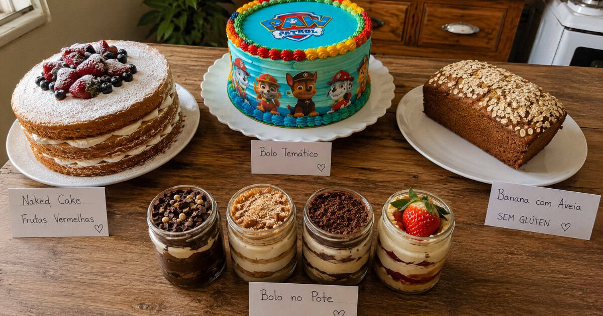 Como Fazer 5 Mil Reais Vendendo Bolo: O Guia Honesto para Transformar Sua Cozinha em Negócio 4 Quatro tipos de bolo caseiro sobre mesa de madeira com etiquetas escritas à mão: bolo naked com frutas, bolo temático colorido, bolo integral de banana e bolos no pote